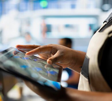 Mulher digitando em um tablet.