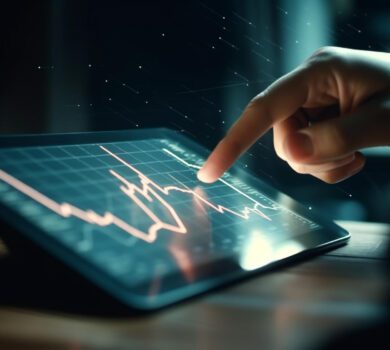 Empresário apontando para gráfico em um monitor digital